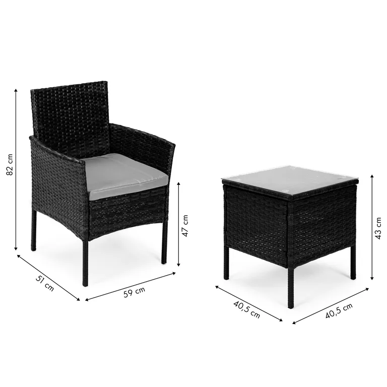 Rattan kerti bútor szett, asztal (40,5×40,5×40,5×43 cm) üveglappal, 2 db fotellel, fekete-szürke