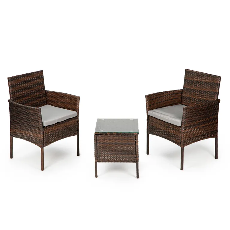 Rattan kerti bútor szett, asztal (40,5×40,5×40,5×43 cm) üveglappal, 2 db fotellel, barna-szürke