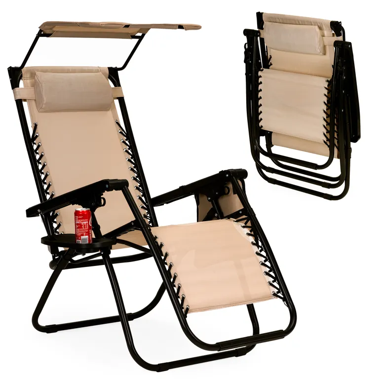 Összecsukható kerti napozó szék fejtámlával, napellenzővel, ital- újságtartóval, dönthető hát- és lábtámlával, bézs