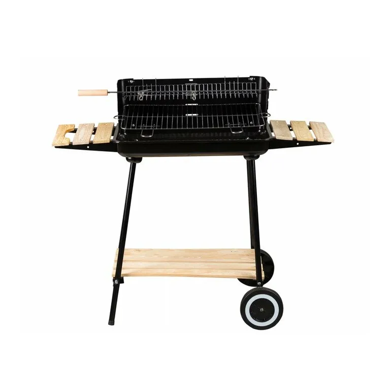 Kerti grill állítható polcokkal, dekoratív fa polcokkal, 84x86x37 cm