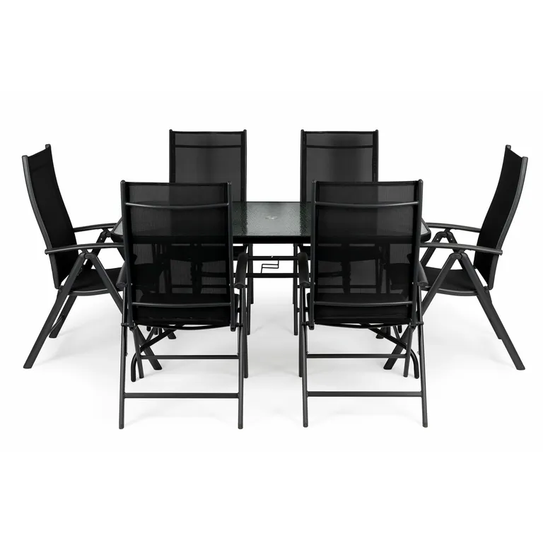 Kerti üvegasztal (150x90 cm) 6 db állítható háttámlás, összecsukható székkel, fém lábakkal, fekete