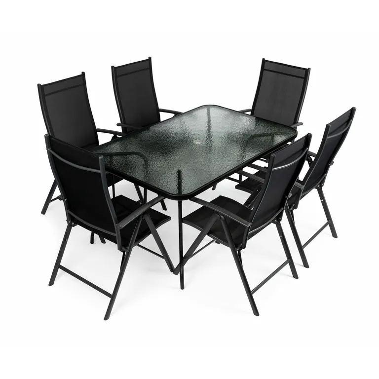 Kerti üvegasztal (150x90 cm) 6 db állítható háttámlás, összecsukható székkel, fém lábakkal, fekete
