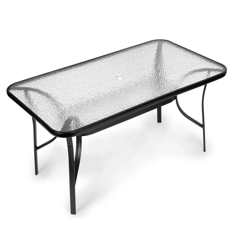 Kerti asztal üveglappal, fekete, 140x80x72 cm