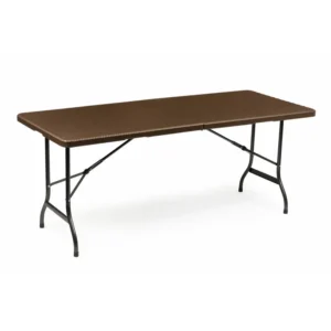 Összecsukható nagyméretű kempingasztal, 180x70 cm, szállítófogantyúval, barna rattan hatású