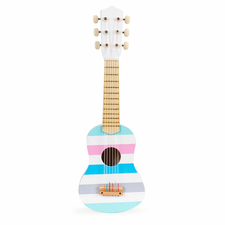 ECOTOYS gyermek fa gitár 6 húrral, színes grafikával, hangolható, 18×5.5×54 cm