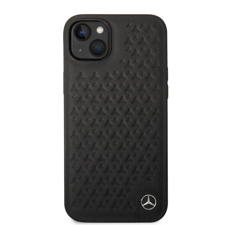 Mercedes valódi bőr Star Zadní Kryt pro iPhone 14 Plus fekete tok
