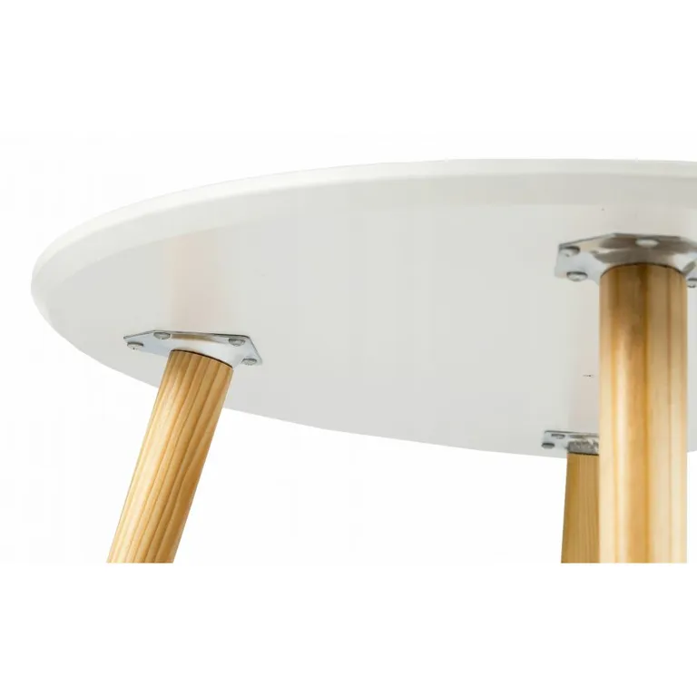 Modern skandináv stílusú kerek dohányzóasztal fenyőfa lábakkal, 60cm, fehér-fa szín