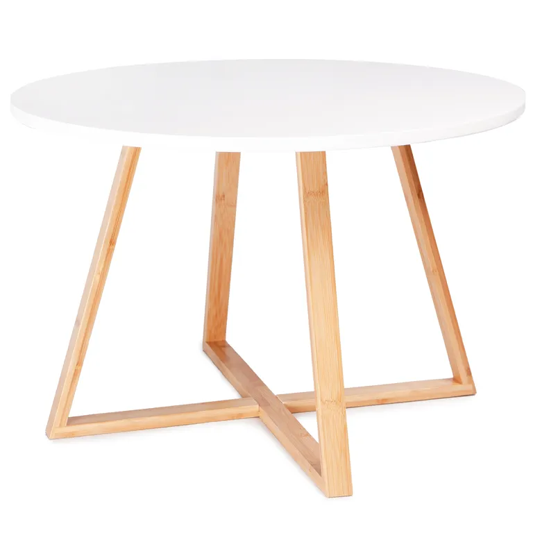 Modern skandináv stílusú kerek dohányzóasztal bambusz lábakkal, 60cm, fehér-fa szín