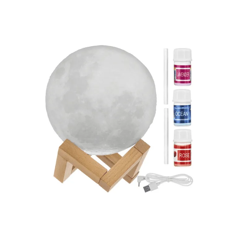 MoonShine Aroma diffúzor, illóolaj párologtató, 3D holdfény hatással, LED éjjeli hangulatfénnyel, 3 világítási mód, 16,5 / 13/13 cm