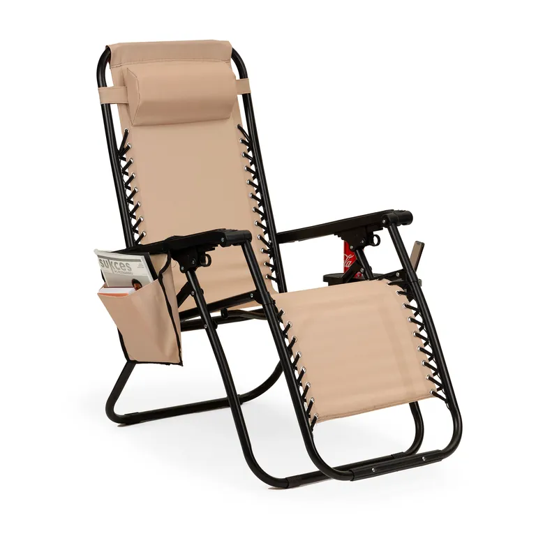 Összecsukható kerti napozó szék fejtámlával, ital- újságtartóval, dönthető hát- és lábtámlával, bézs