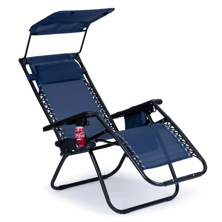 Összecsukható strandszék dönthető háttámlával, napellenzővel, oldalsó tárolóval, asztalkával, fejpárnával, kék