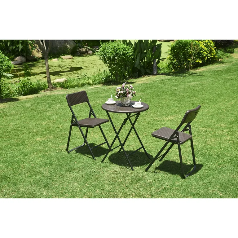 Összecsukható kerti dohányzóasztal, kör alakú, fekete fém, rattan hatású műanyag, 74x60 cm lap, fekete