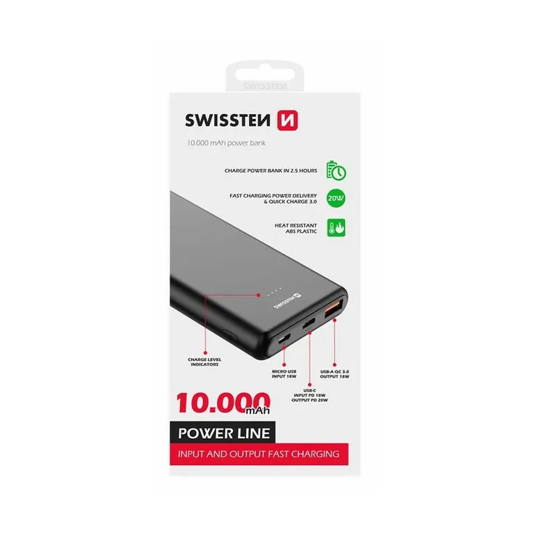 Swissten - 10000 mAh power bank, Power Line, Power Delivery, 20W, fekete