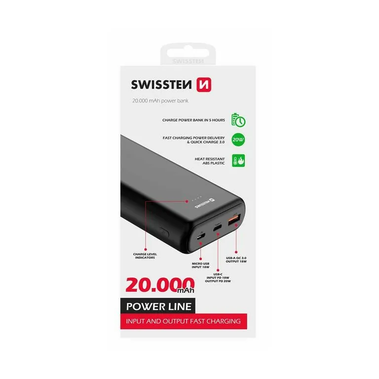 Swissten - 20000 mAh power bank, Power Line, Power Delivery, 20W, fekete