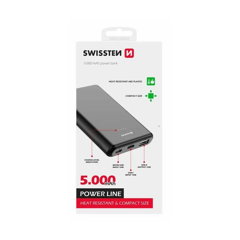 Swissten - 5000 mAh power bank, Power Line, 10W, fekete