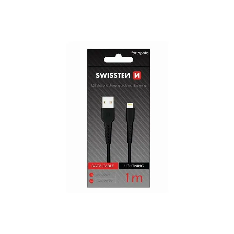 Swissten - adat- és töltőkábel gumírozott, USB/lightning, 1m fekete
