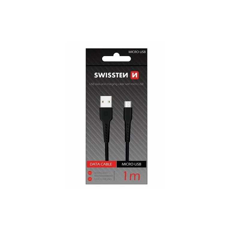 Swissten - adat- és töltőkábel gumírozott, USB/mikro USB, 1m fekete