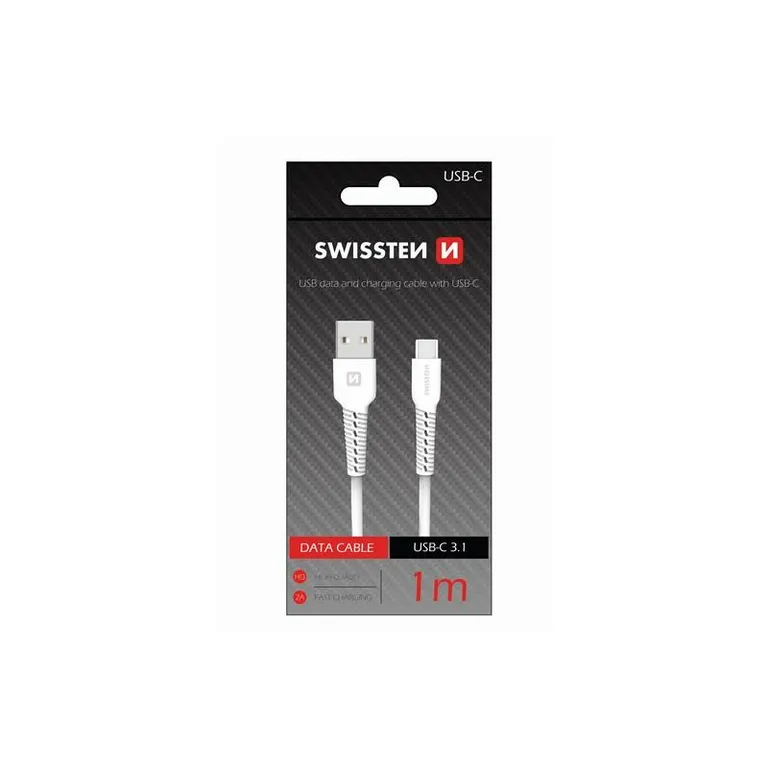 Swissten - adat- és töltőkábel gumírozott, USB/Type-C, 1m fehér