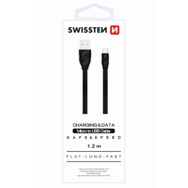 Swissten - adat- és töltőkábel lapos, gumírozott, mikro USB, 1,2 m fekete - Image 3
