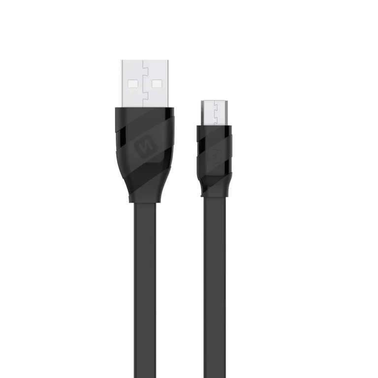 Swissten - adat- és töltőkábel lapos, gumírozott, mikro USB, 1,2 m fekete