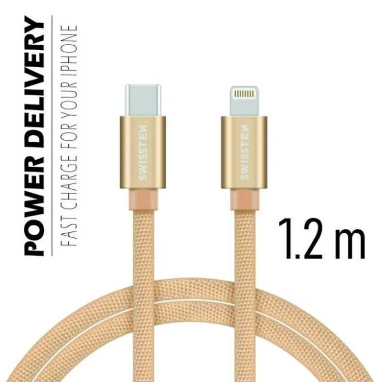 Swissten - adat- és töltőkábel textil bevonattal, USB-C/lightning, Power Delivery, 1,2 m arany