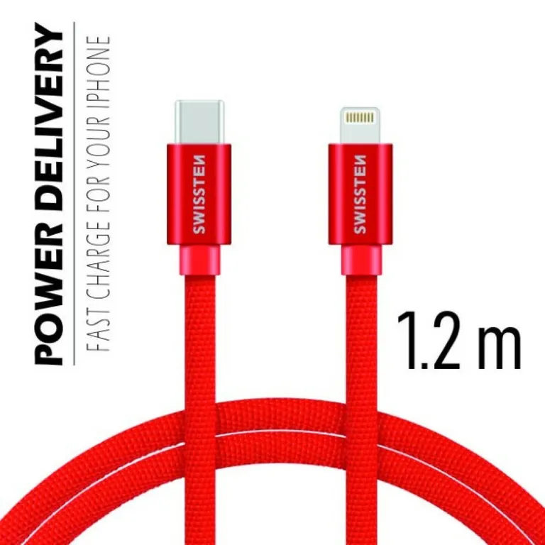 Swissten - adat- és töltőkábel textil bevonattal, USB-C/lightning, Power Delivery, 1,2 m piros
