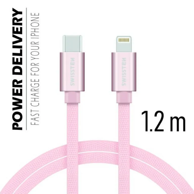 Swissten - adat- és töltőkábel textil bevonattal, USB-C/lightning, Power Delivery, 1,2 m rozé arany
