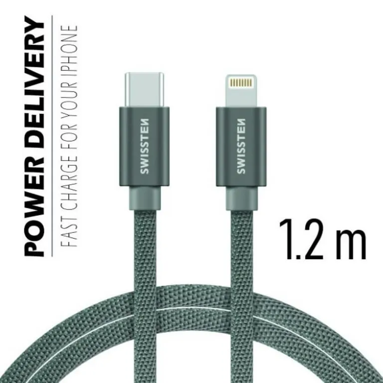 Swissten - adat- és töltőkábel textil bevonattal, USB-C/lightning, Power Delivery, 1,2 m szürke