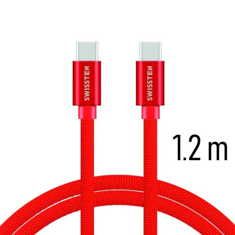 Swissten - adat- és töltőkábel textil bevonattal, USB-C/USB-C 1,2 m piros