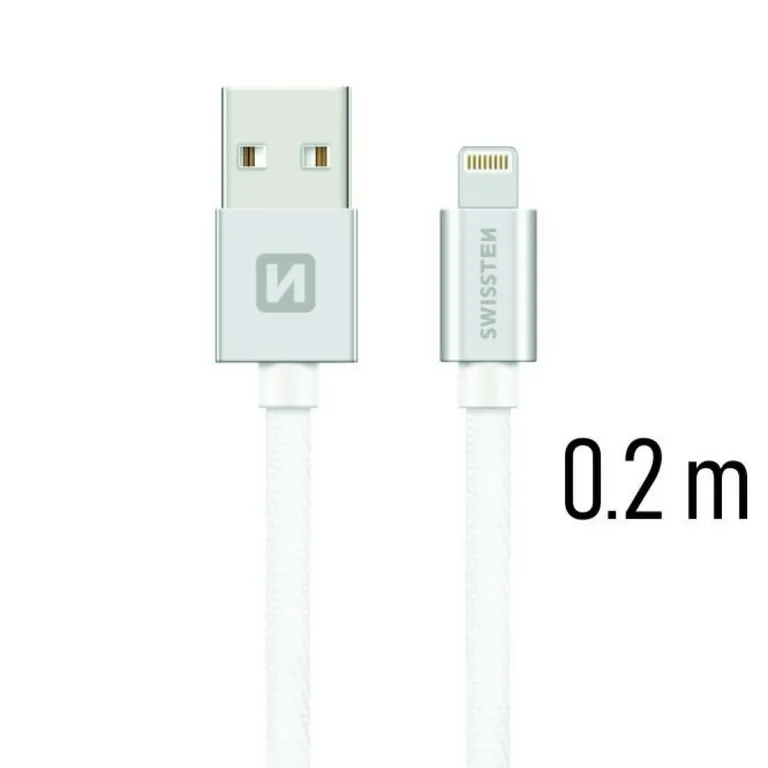 Swissten - adat- és töltőkábel textil bevonattal, USB/lightning, 0,2 m ezüst/fehér