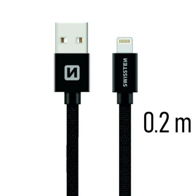 Swissten - adat- és töltőkábel textil bevonattal, USB/lightning, 0,2 m fekete