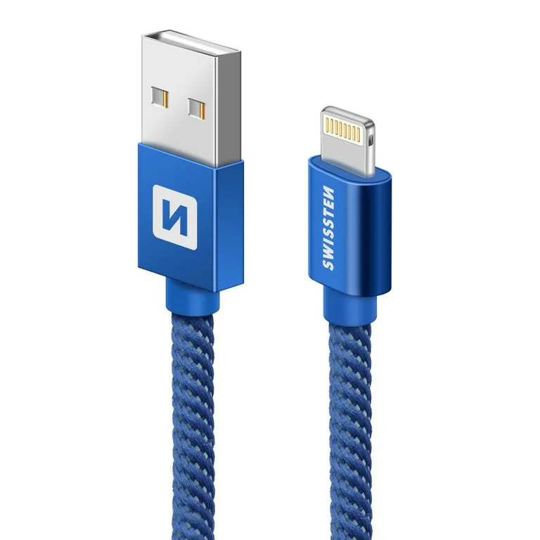 Swissten - adat- és töltőkábel textil bevonattal, USB/lightning, 0,2 m kék