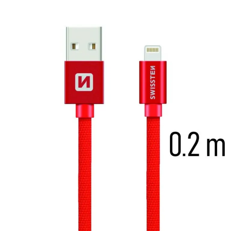 Swissten - adat- és töltőkábel textil bevonattal, USB/lightning, 0,2 m piros