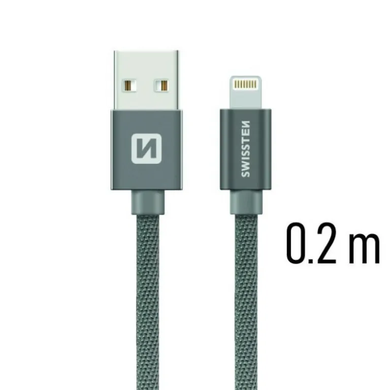 Swissten - adat- és töltőkábel textil bevonattal, USB/lightning, 0,2 m szürke