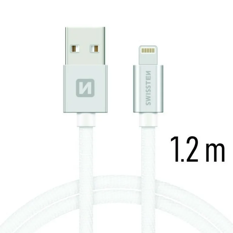 Swissten - adat- és töltőkábel textil bevonattal, USB/lightning, 1,2 m ezüst/fehér