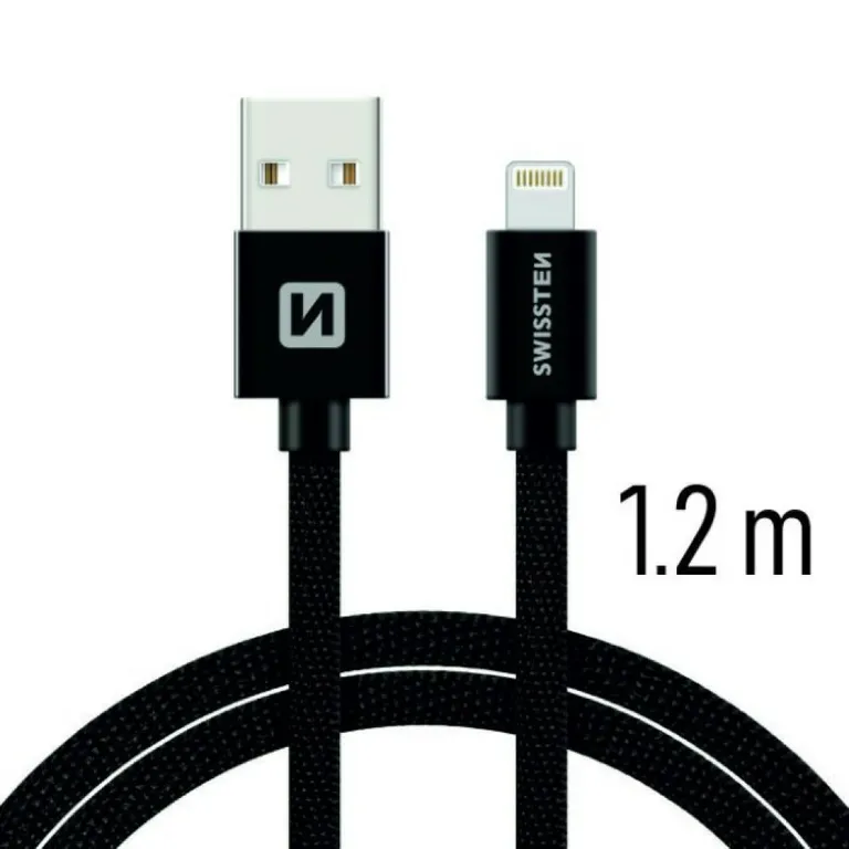 Swissten - adat- és töltőkábel textil bevonattal, USB/lightning, 1,2 m fekete