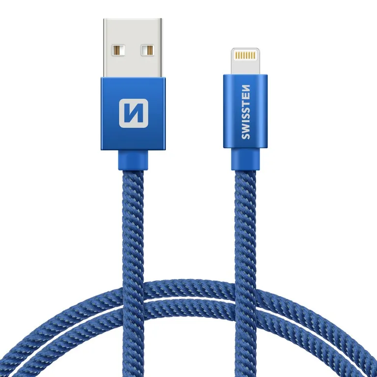 Swissten - adat- és töltőkábel textil bevonattal, USB/lightning, 1,2 m kék