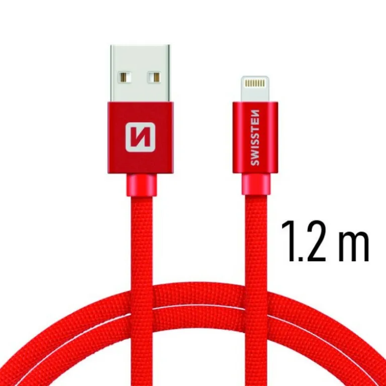 Swissten - adat- és töltőkábel textil bevonattal, USB/lightning, 1,2 m piros