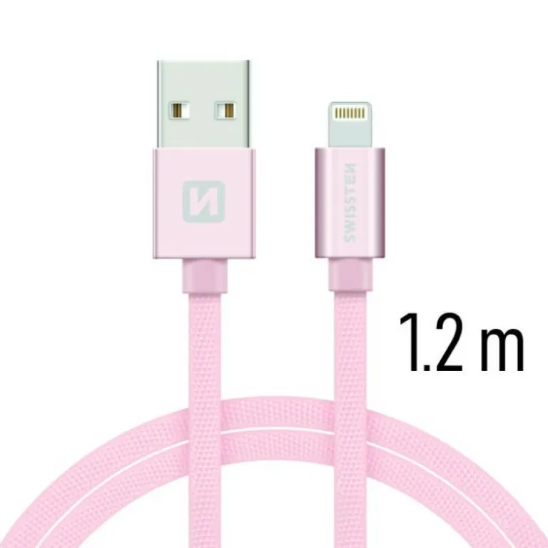 Swissten - adat- és töltőkábel textil bevonattal, USB/lightning, 1,2 m rozé arany