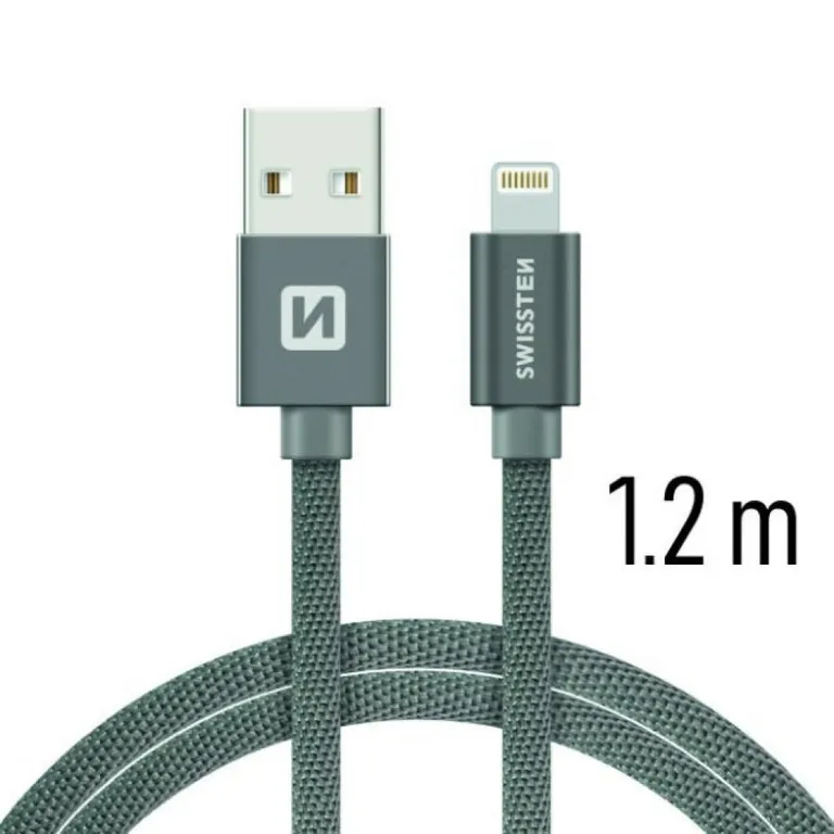 Swissten - adat- és töltőkábel textil bevonattal, USB/lightning, 1,2 m szürke