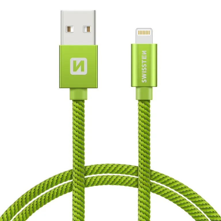 Swissten - adat- és töltőkábel textil bevonattal, USB/lightning, 1,2 m zöld