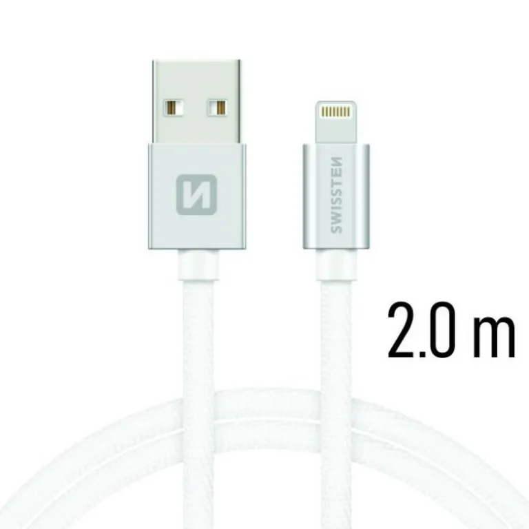 Swissten - adat- és töltőkábel textil bevonattal, USB/lightning, 2 m ezüst/fehér