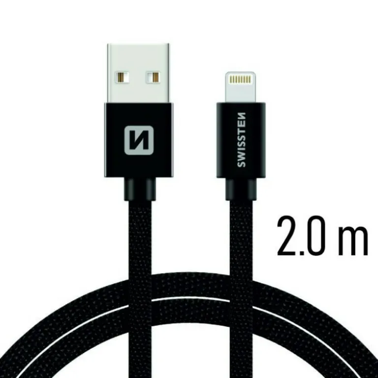 Swissten - adat- és töltőkábel textil bevonattal, USB/lightning, 2 m fekete