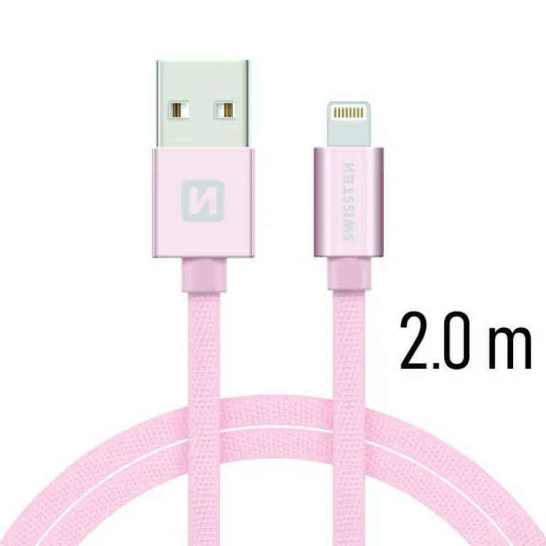 Swissten - adat- és töltőkábel textil bevonattal, USB/lightning, 2 m rozé arany
