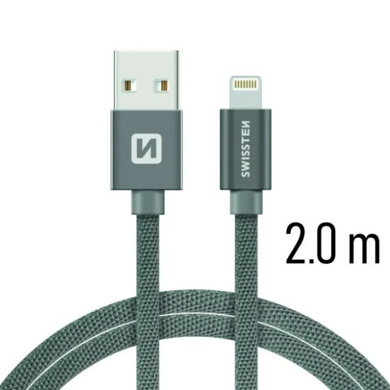 Swissten - adat- és töltőkábel textil bevonattal, USB/lightning, 2 m szürke