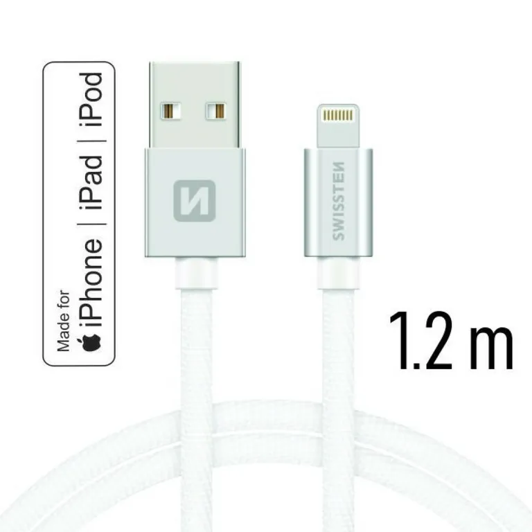 Swissten - adat- és töltőkábel textil bevonattal, USB/lightning MFI, 1,2 m ezüst/fehér