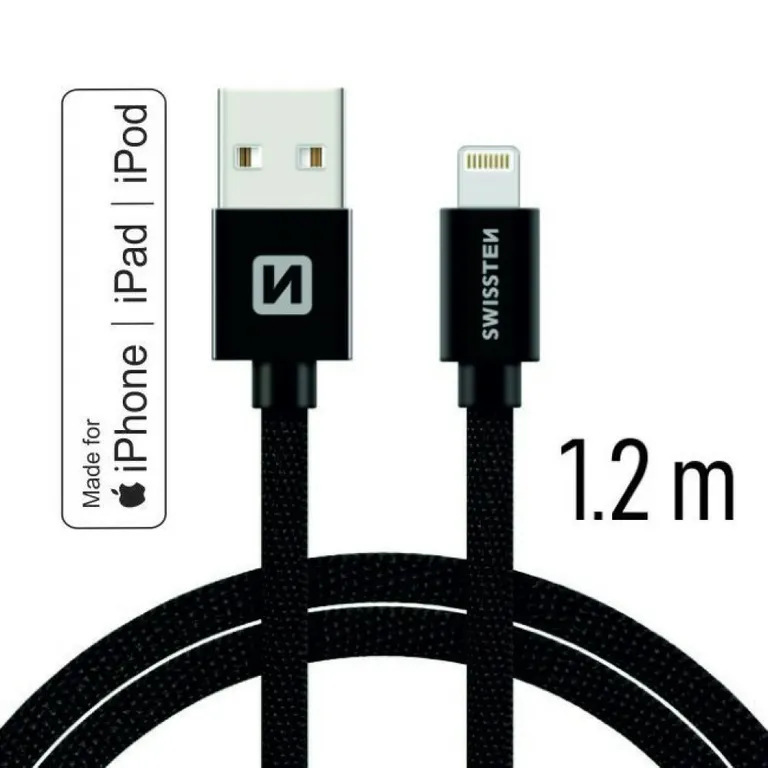 Swissten - adat- és töltőkábel textil bevonattal, USB/lightning MFI, 1,2 m fekete