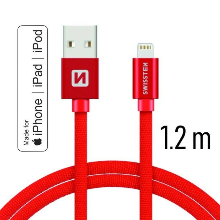 Swissten - adat- és töltőkábel textil bevonattal, USB/lightning MFI, 1,2 m piros