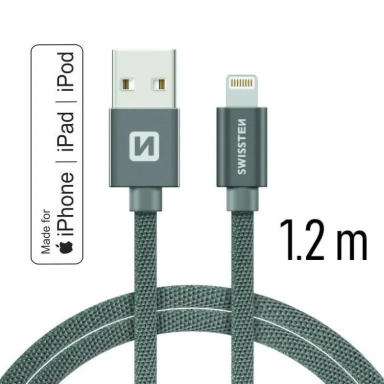 Swissten - adat- és töltőkábel textil bevonattal, USB/lightning MFI, 1,2 m szürke