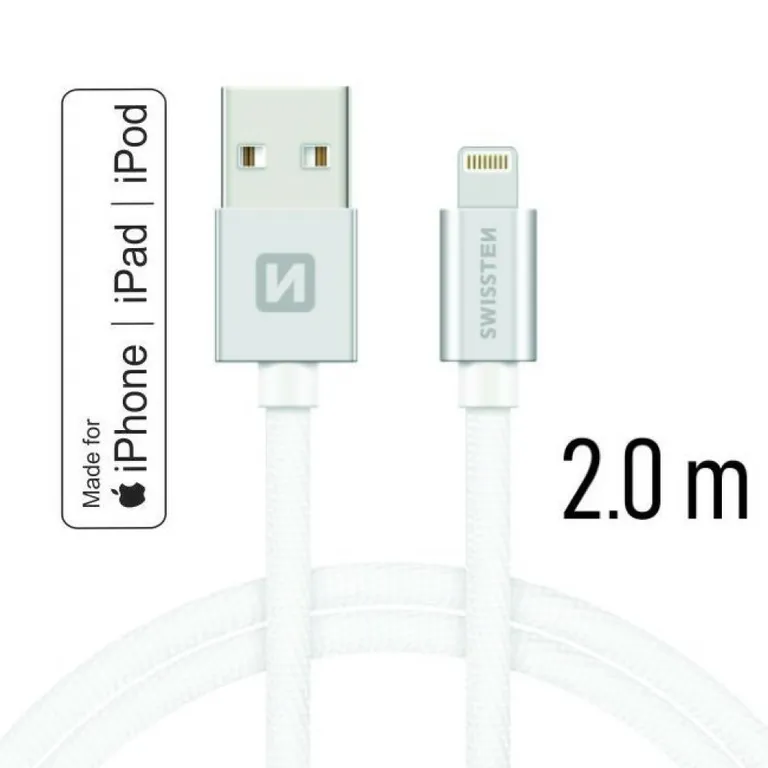 Swissten - adat- és töltőkábel textil bevonattal, USB/lightning MFI, 2 m ezüst/fehér